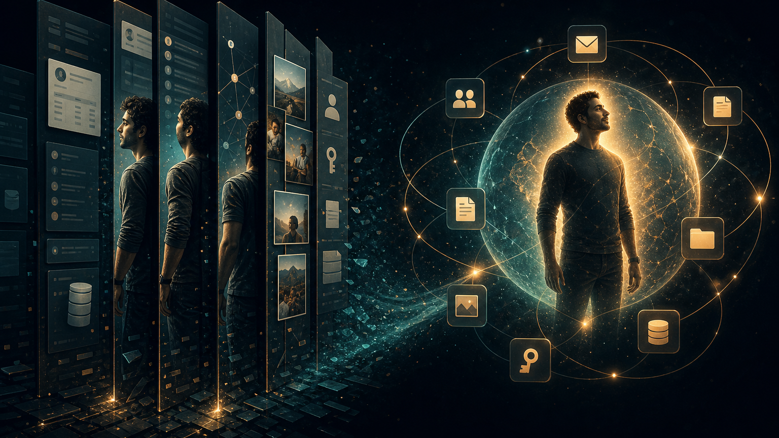 Generated illustration of tool-owned panels slicing the person, contrasted with tools orbiting a unified person/Ark.