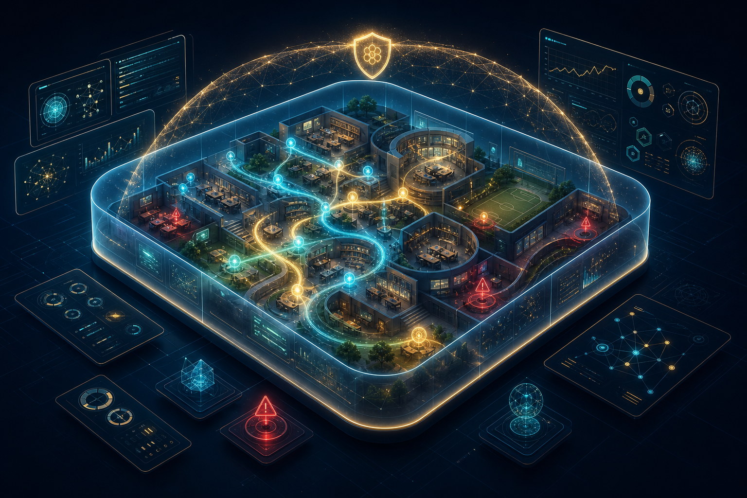 Synthetic school simulation inside a protected dashboarded sandbox.